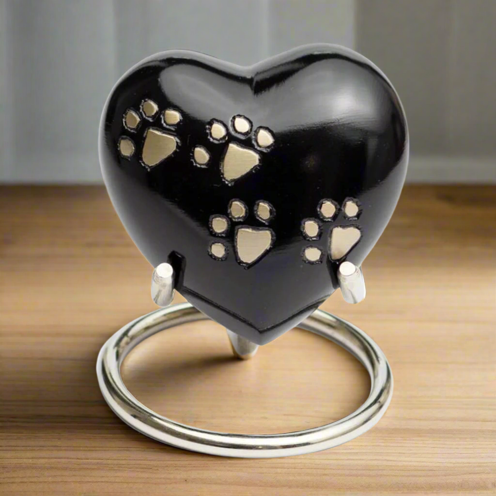 Royal Rapture Heart Urn with stand and velvet presentation box for pet memorial.